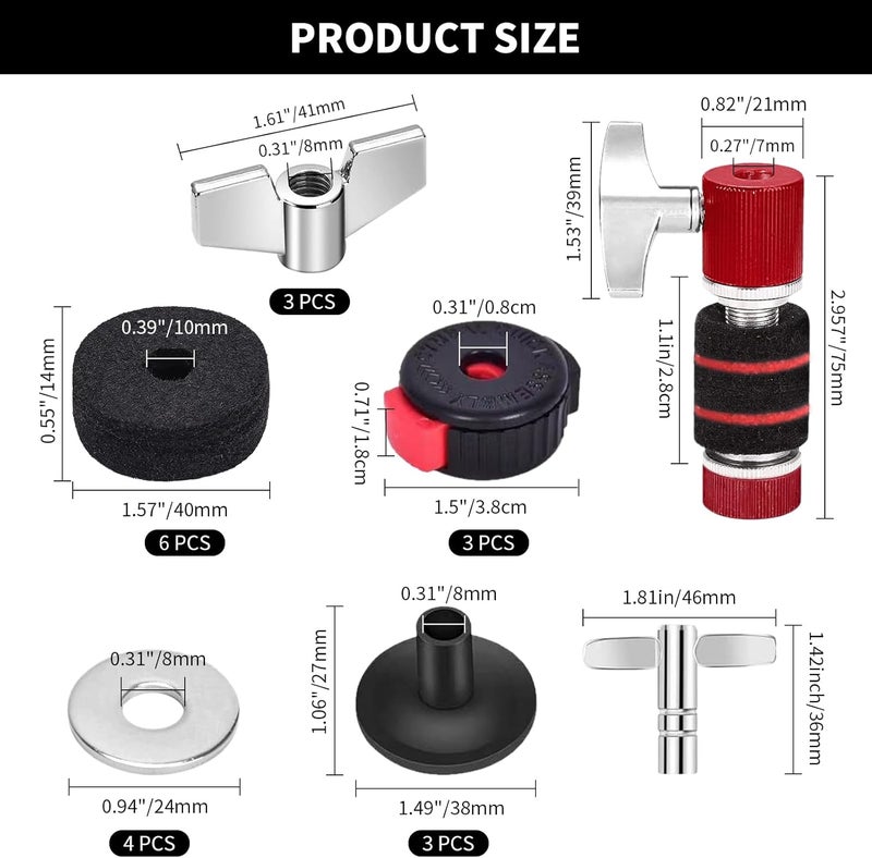 Seteol 21PCS Cymbal Replacement Accessories, Standard Hi-Hat Clutch, Drum Cymbal Felt Pads Include Wing Nuts & Washers & Plastic Cymbal Sleeves & Drum Key and Plastic Cymbal Nuts,Replacement for Drum Set - Image 2